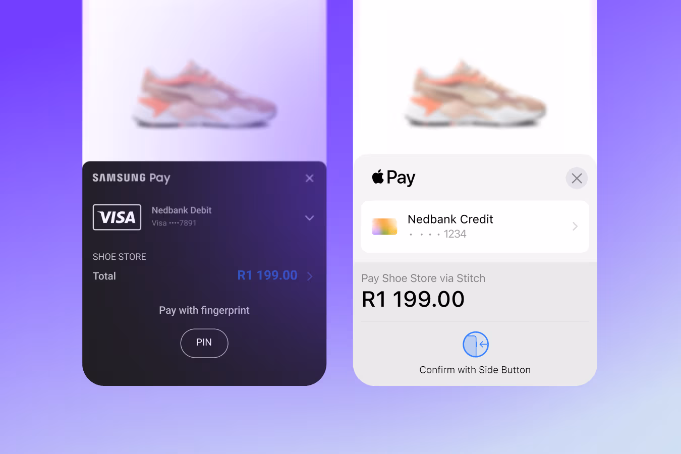 Samsung Pay and Apple Pay confirmation screens for a R1 199 shoe store purchase via Stitch