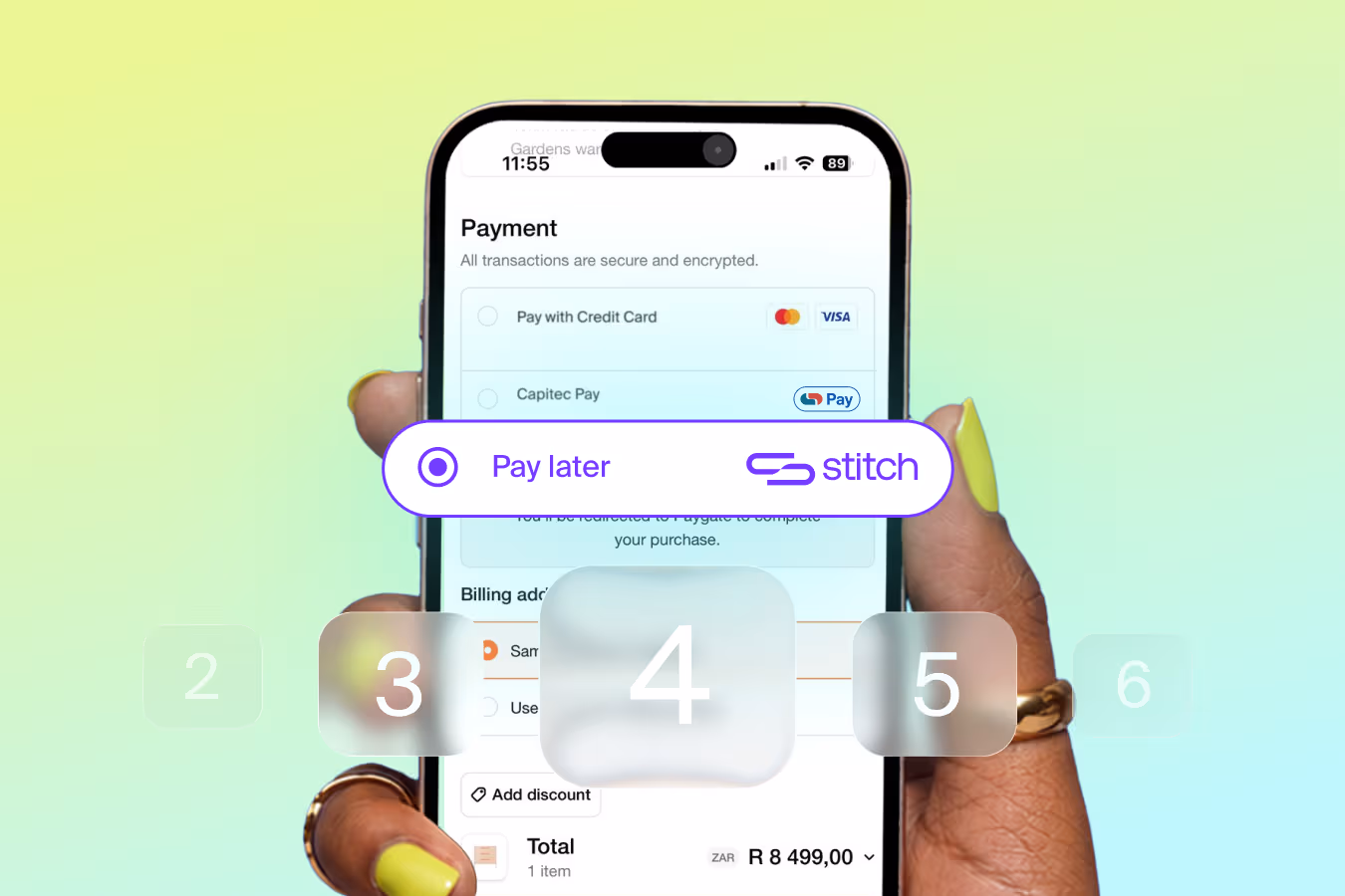 Hand holding a phone with Stitch Pay Later selected at checkout, with instalment options numbered 2 to 6