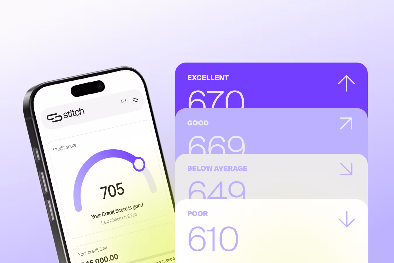 Stitch app showing a credit score overview