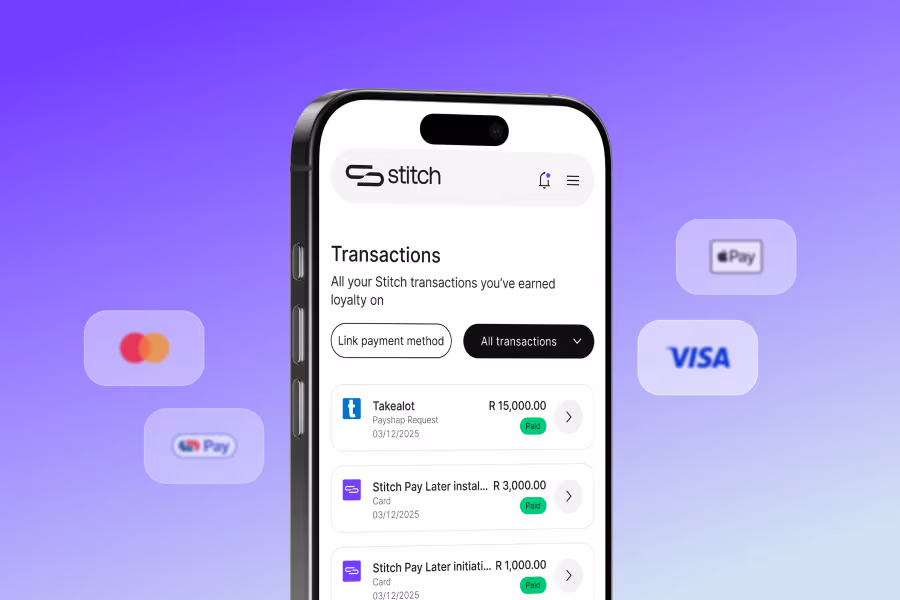 Stitch app transactions feed with linked payment methods