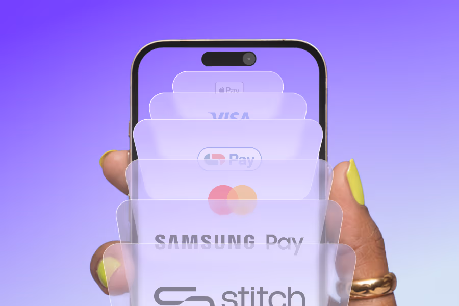 Phone showing Stitch payment methods including Apple Pay, Visa, Google Pay, Mastercard and Samsung Pay