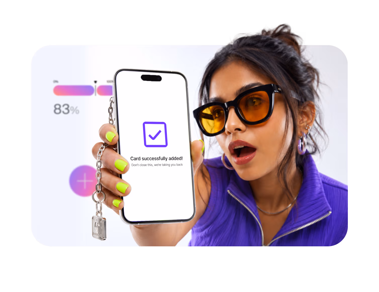 Person holding a phone showing a card successfully added in the Stitch app